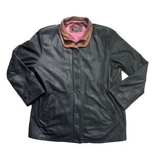 VTG Remy Soft Leather Jacket Double Collar, Black, Iridescent Lining, Mens Large
